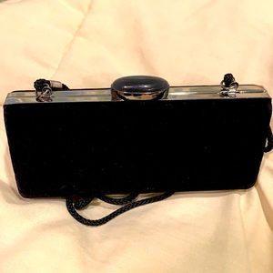 Kate Landry black velvet hinge clutch shoulder evening bag strap cat eye clasp